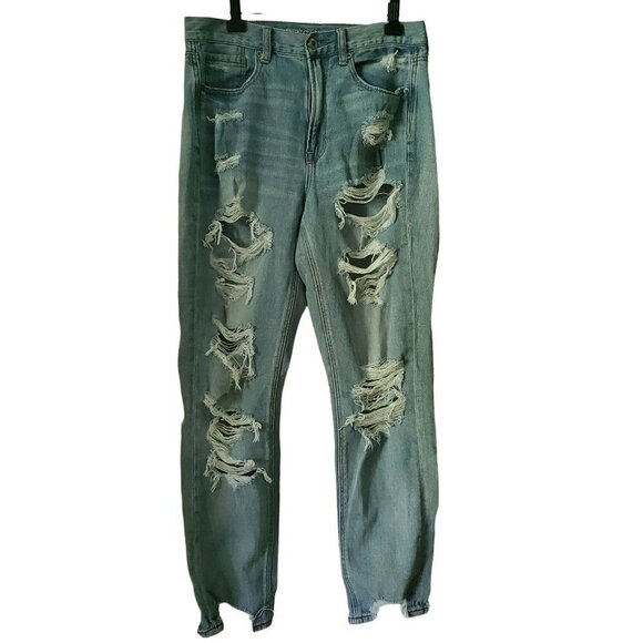 AMERICAN Eagle Light Wash High Rise Skinny Distressed Mom Denim Jeans Size 6 - Picture 2 of 11